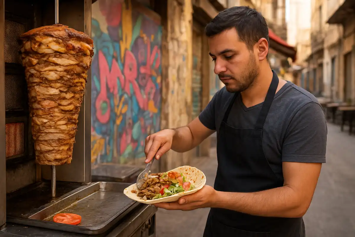 A freshly made Lebanese Shawarma wrap being prepared by a street vendor.