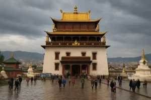 A photo of the Gandantegchinlen Monastery in Ulaanbaatar, with its golden roof and traditional architecture.