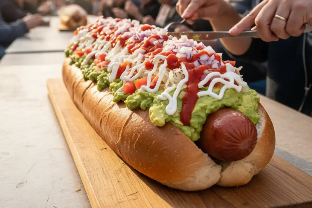 A photo of a giant Chilean completo (hot dog with toppings).