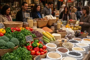 A well-organized selection of naturally gluten-free foods like fresh produce, rice, and corn products in a vibrant marketplace.