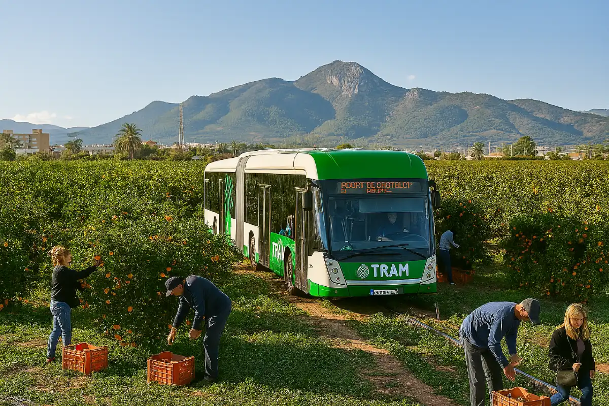 A vast field of orange groves in the plains surrounding Castellón, with mountains in the background.