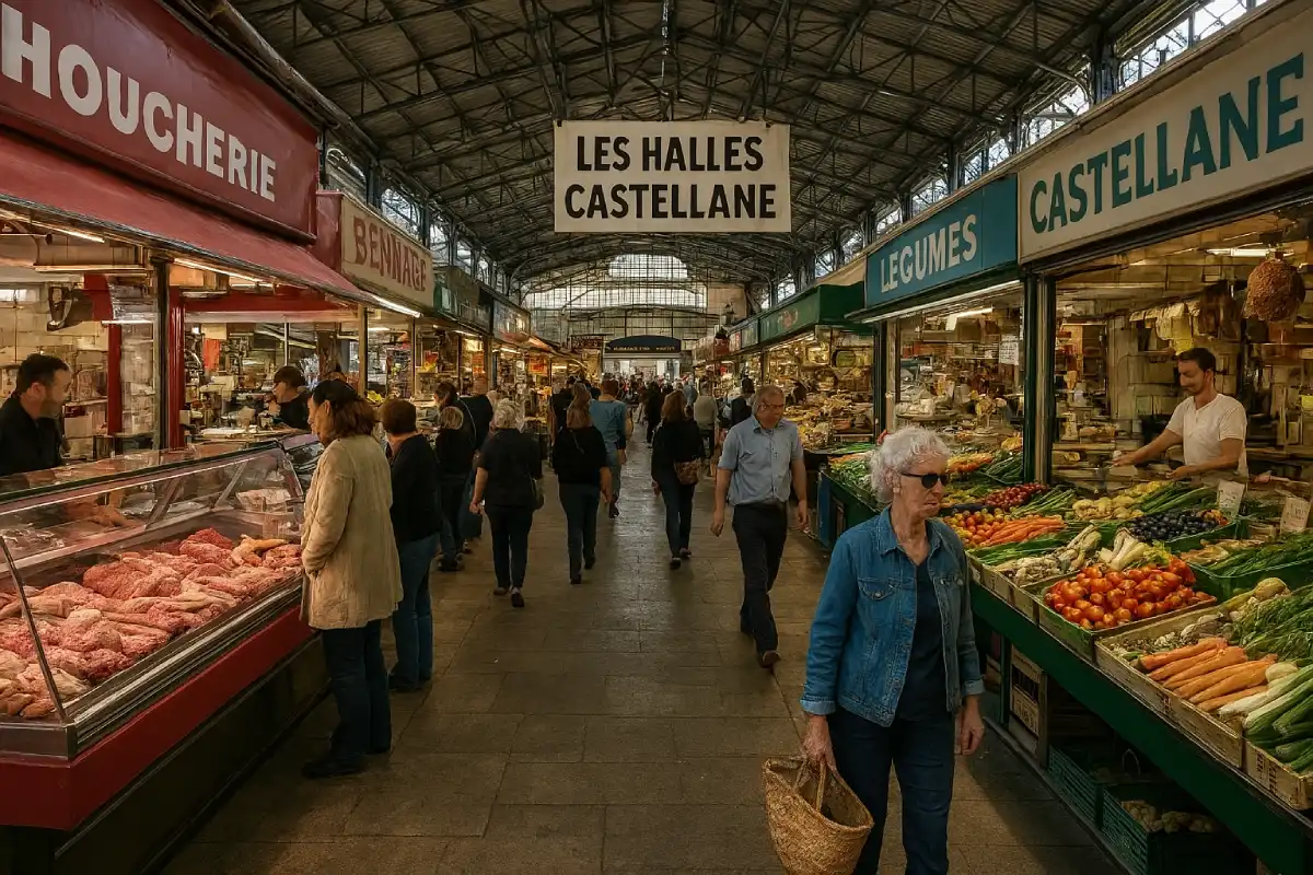 Inside the busy Les Halles Castellane market in Montpellier with various food stalls.
