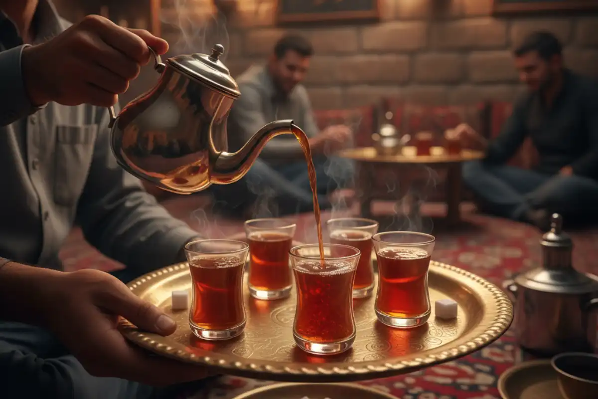 A pair of hands serving traditional Iraqi tea in small glasses.