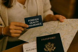 A traveler holding a foreign health insurance card next to a map of a city, prepared for any medical emergency.