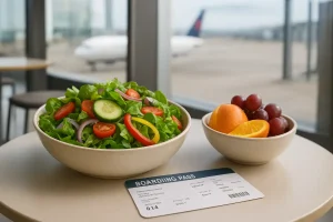 A colorful, healthy salad and fresh fruit placed next to a boarding pass in a bright, modern airport environment.