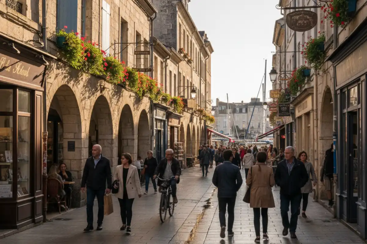 The historic arcaded streets of La Rochelle's Old Town.