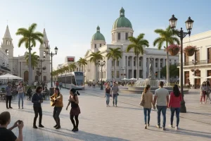View of the renovated Historic Center of San Salvador with the National Palace.