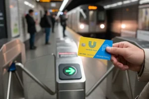 A traveler holding a brightly colored city transit pass near a subway turnstile, ready to embark on a day of unlimited travel.