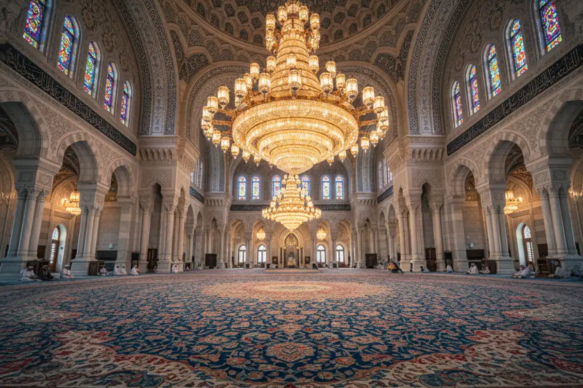 The interior hall of the Sultan Qaboos Grand Mosque with a large chandelier.