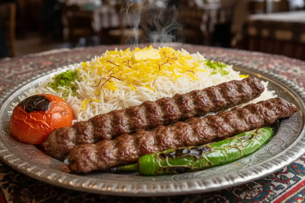 A plate of Koobideh Kebab (minced meat kebab) with rice and grilled tomato, a staple Iranian dish.