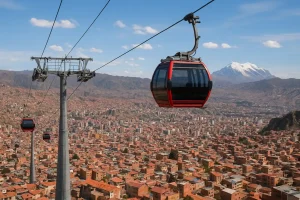 View of La Paz city bowl and the Mi Teleférico cable car system.