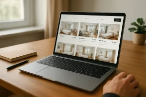 A laptop screen displaying multiple online accommodation listings, with a hand hovering over a mouse, ready to meticulously verify the details of a promising rental.