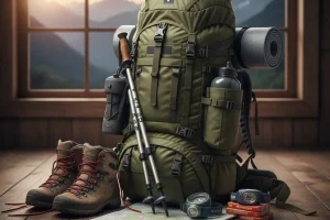 A well-organized, large trekking backpack sits ready next to hiking boots and a set of trekking poles, preparedness for a challenging multi-day route.