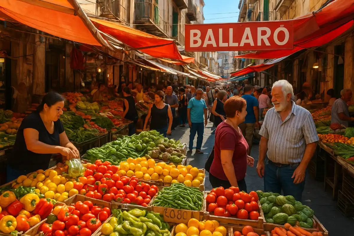 A lively, colorful scene from Palermo's Ballarò Market.