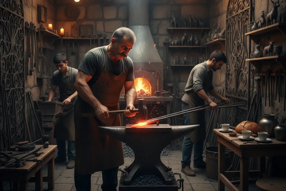 A photo of a local artisan working in a blacksmith shop in Gyumri.