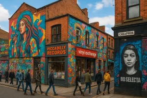 A vibrant street scene in Manchester's Northern Quarter, featuring independent record shops and street art.