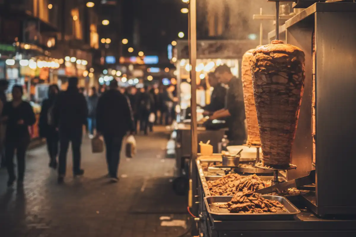 A close-up of a meat cone for shawarma being carved at a street food stall.