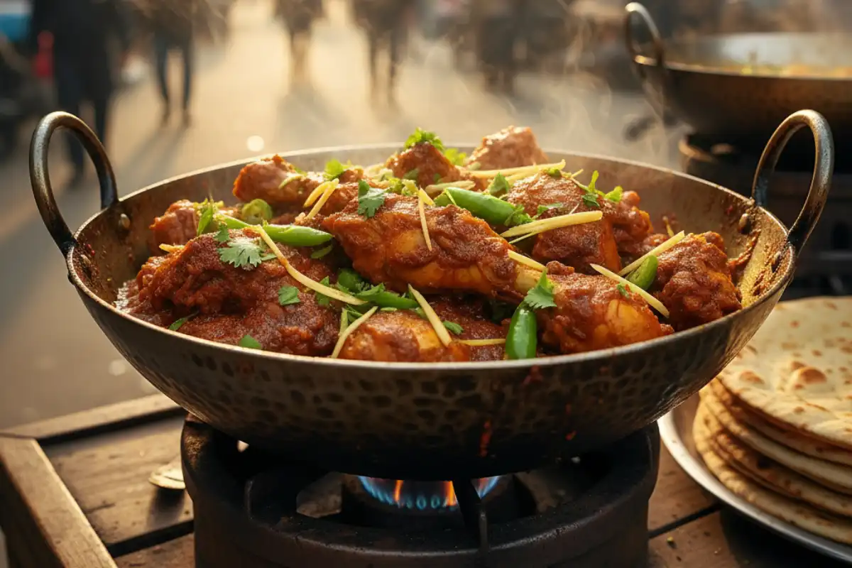 A metal pot (Karahi) of freshly cooked spicy chicken or mutton dish, common in Pakistani street food.