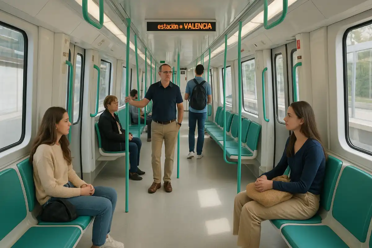 A clean, modern Metro train in Valencia's public transport system.
