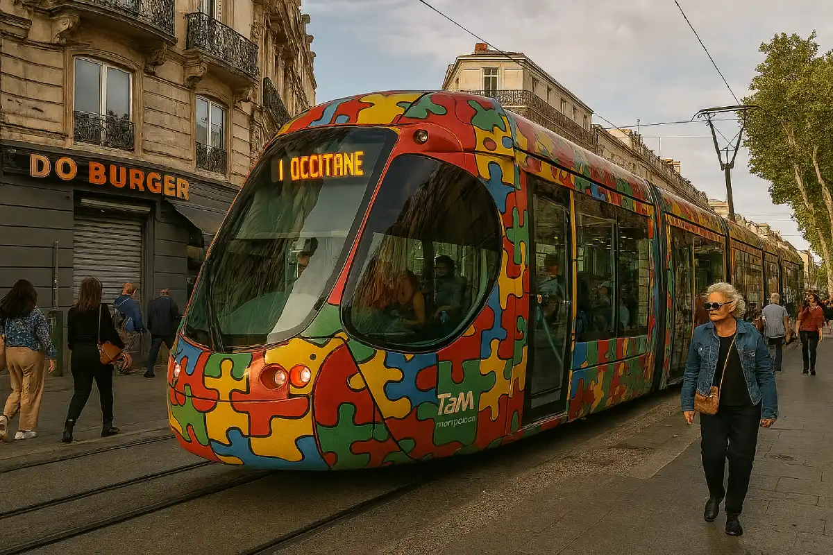 One of Montpellier's uniquely designed TaM trams driving through a city street.