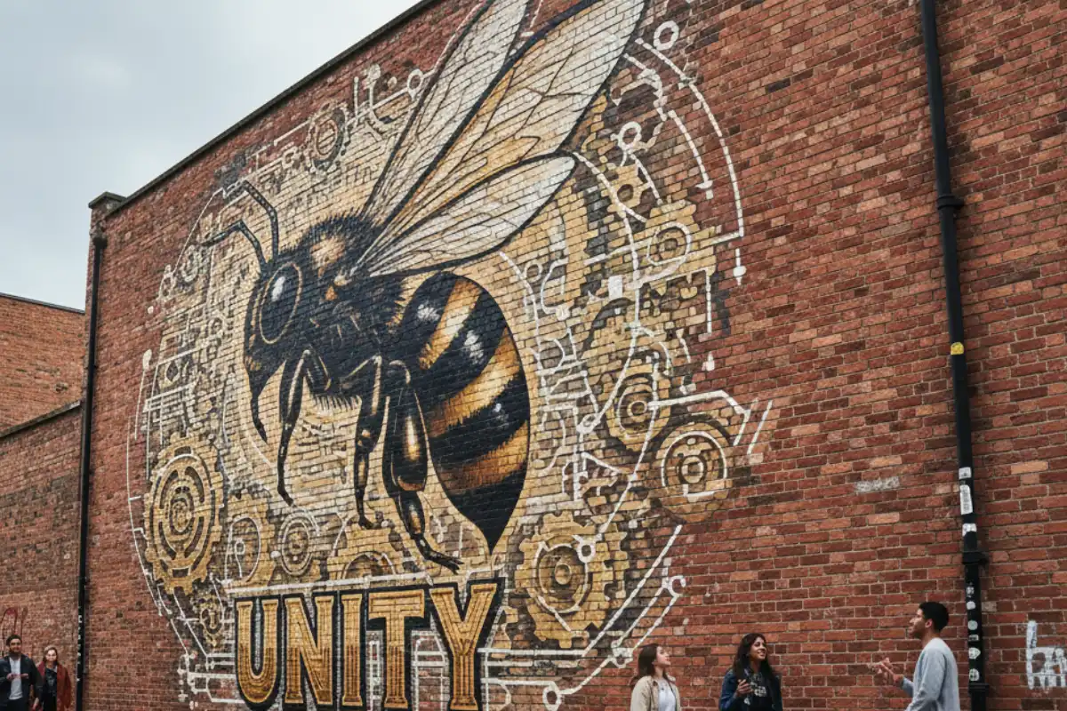 A large mural of the Manchester worker bee, a symbol of the city, on a brick wall.