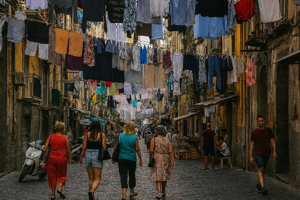 A vibrant, narrow street in the Quartieri Spagnoli with laundry strung overhead.
