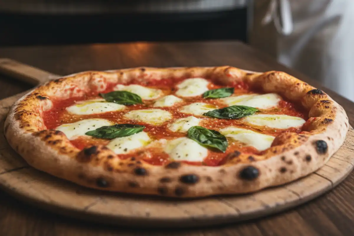 An authentic Neapolitan Pizza Margherita with fresh basil and mozzarella.