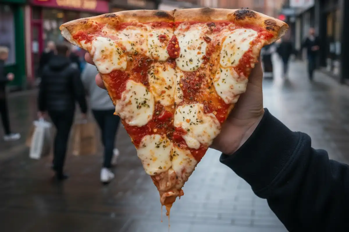A large slice of New York-style pizza being held, a common cheap eat in Manchester.