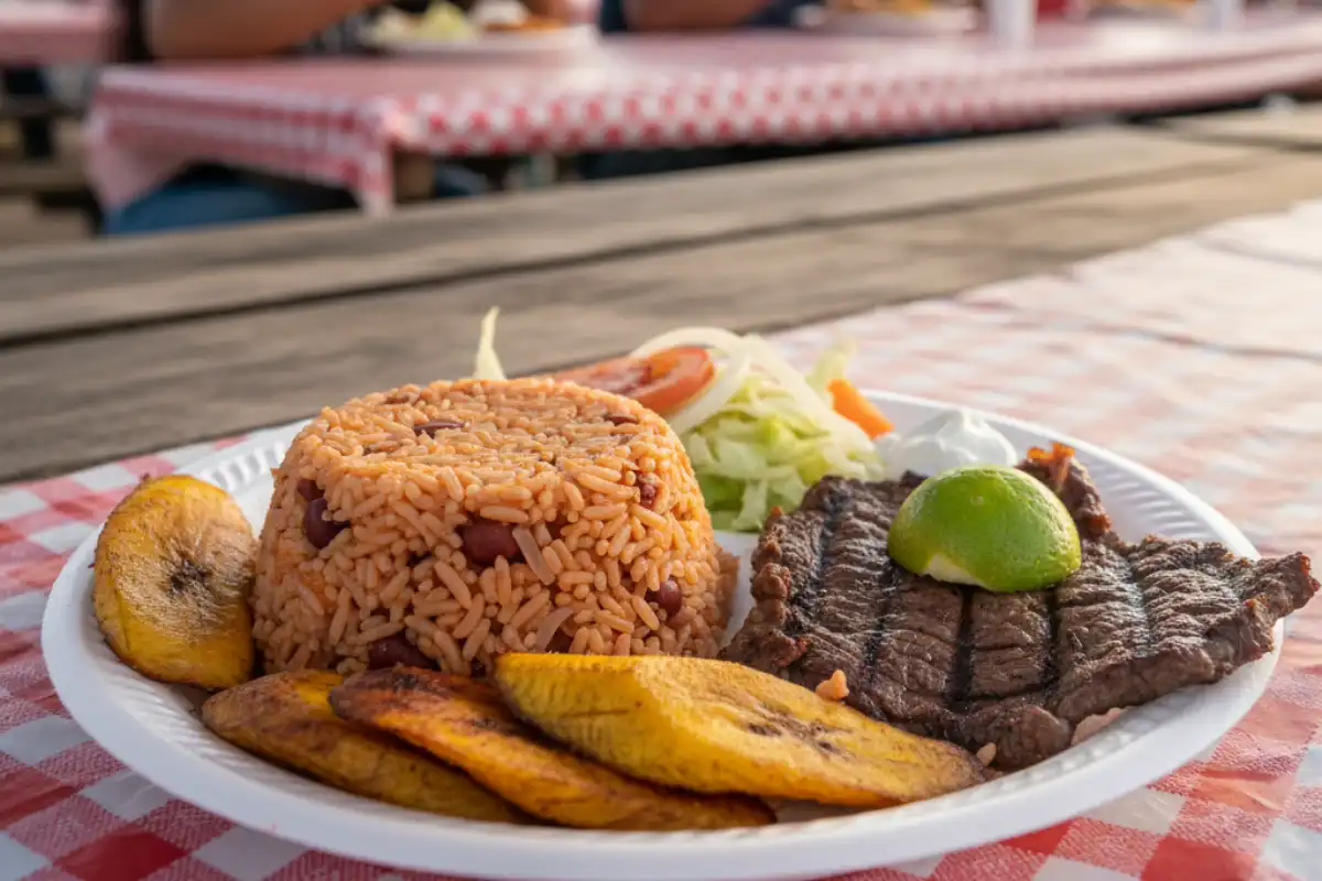 A plate of Nicaraguan Gallo Pinto and grilled plantains from a fritanga.