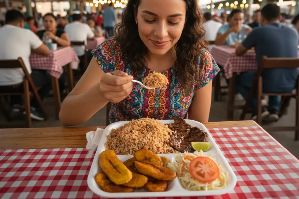 A Nicaraguan person enjoying a plate of Gallo Pinto.