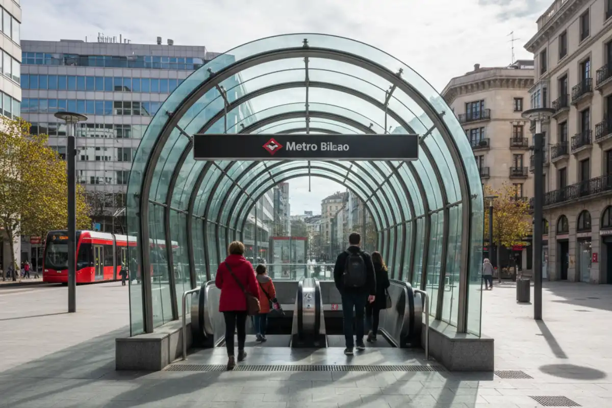 A typical Norman Foster designed 'Fosterito' glass entrance to a Bilbao Metro station.