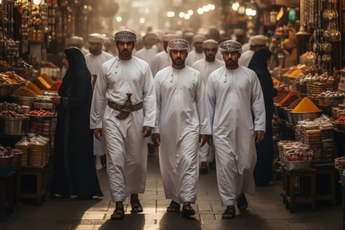 Omani men wearing traditional clothing (dishdasha) walking in a busy market.