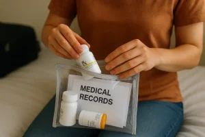 A person meticulously organizing prescription medication bottles and printed medical records into a clear, labeled travel pouch before a trip.