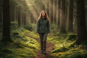 A person walking slowly and deliberately on a mossy forest path, eyes gently closed, immersed in the quiet sensory experience of the woods.