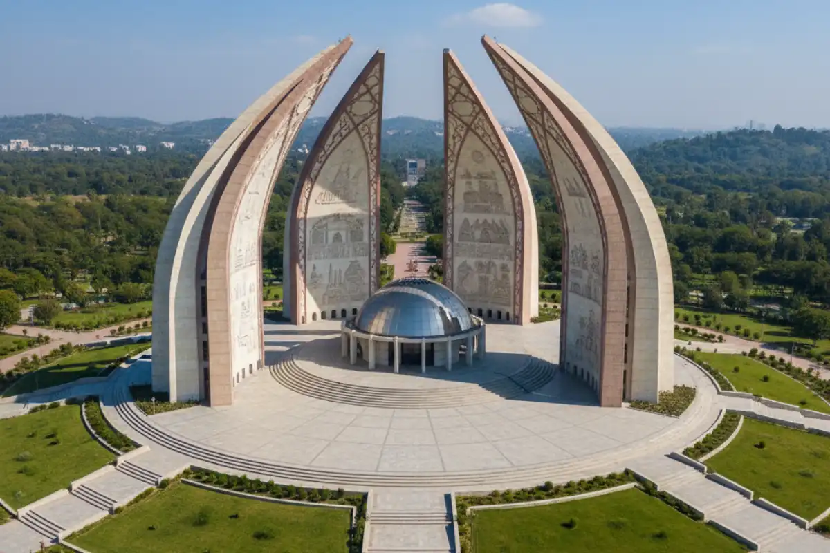 The petal-shaped Pakistan Monument viewed from above.