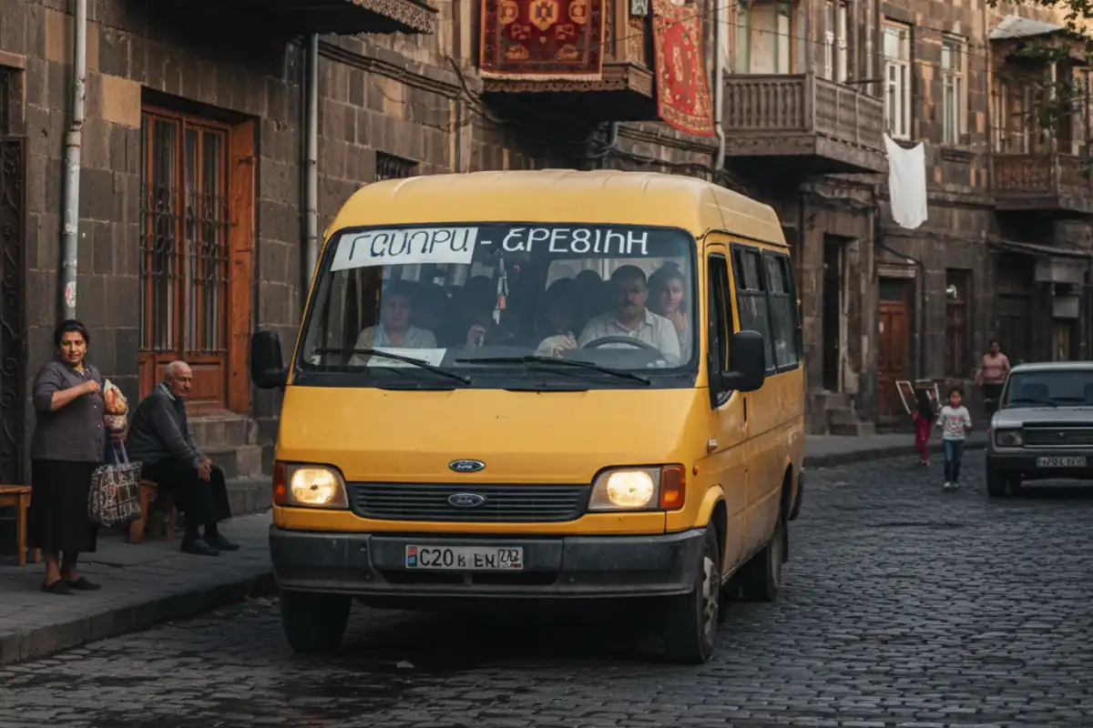 A photo of an Armenian marshrutka (minibus) on a local street.