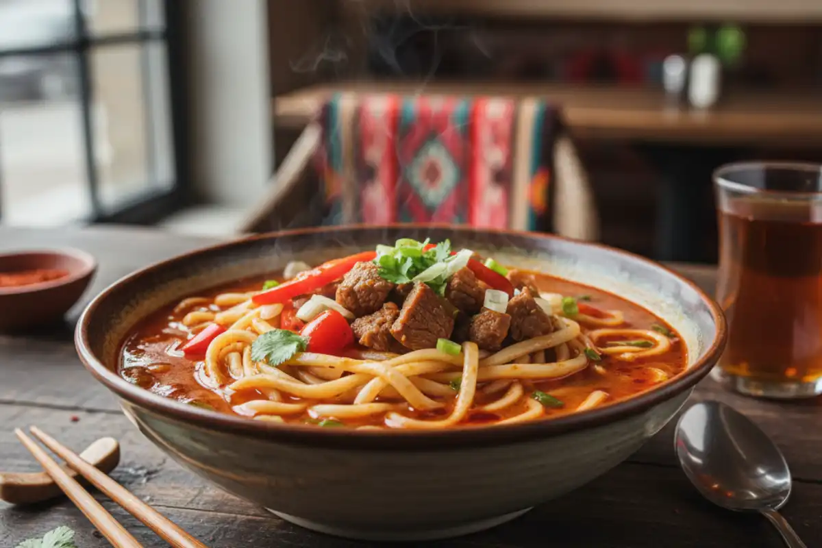 A photo of a bowl of Lagman noodle soup.