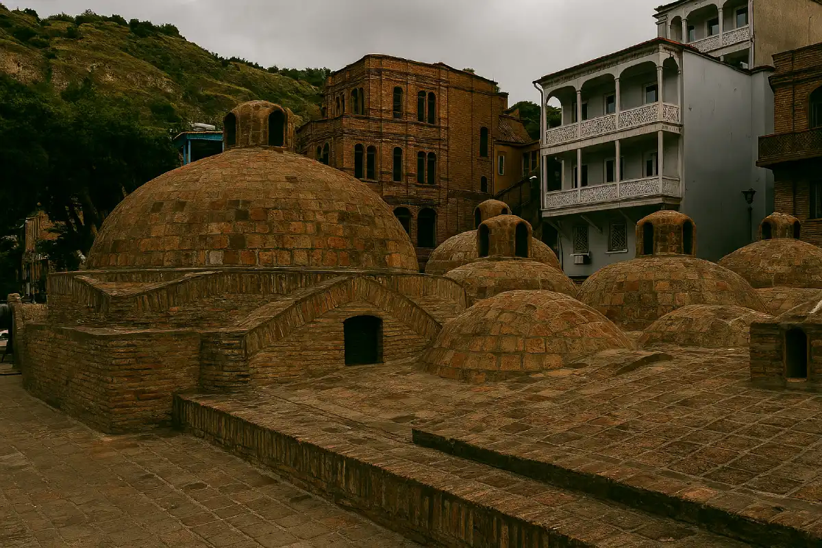 A photo of the brick domes of the Sulfur Baths in Tbilisi.
