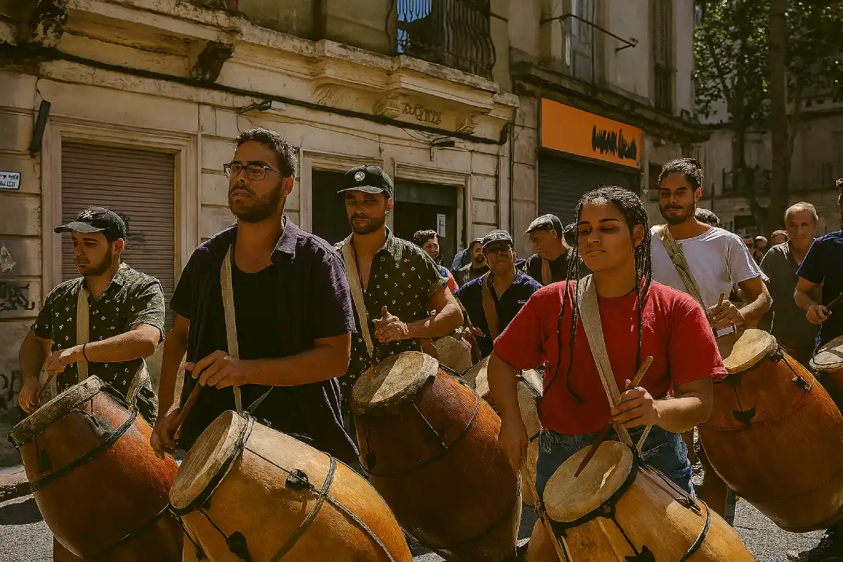 A photo of Candombe drummers in the streets of Montevideo.