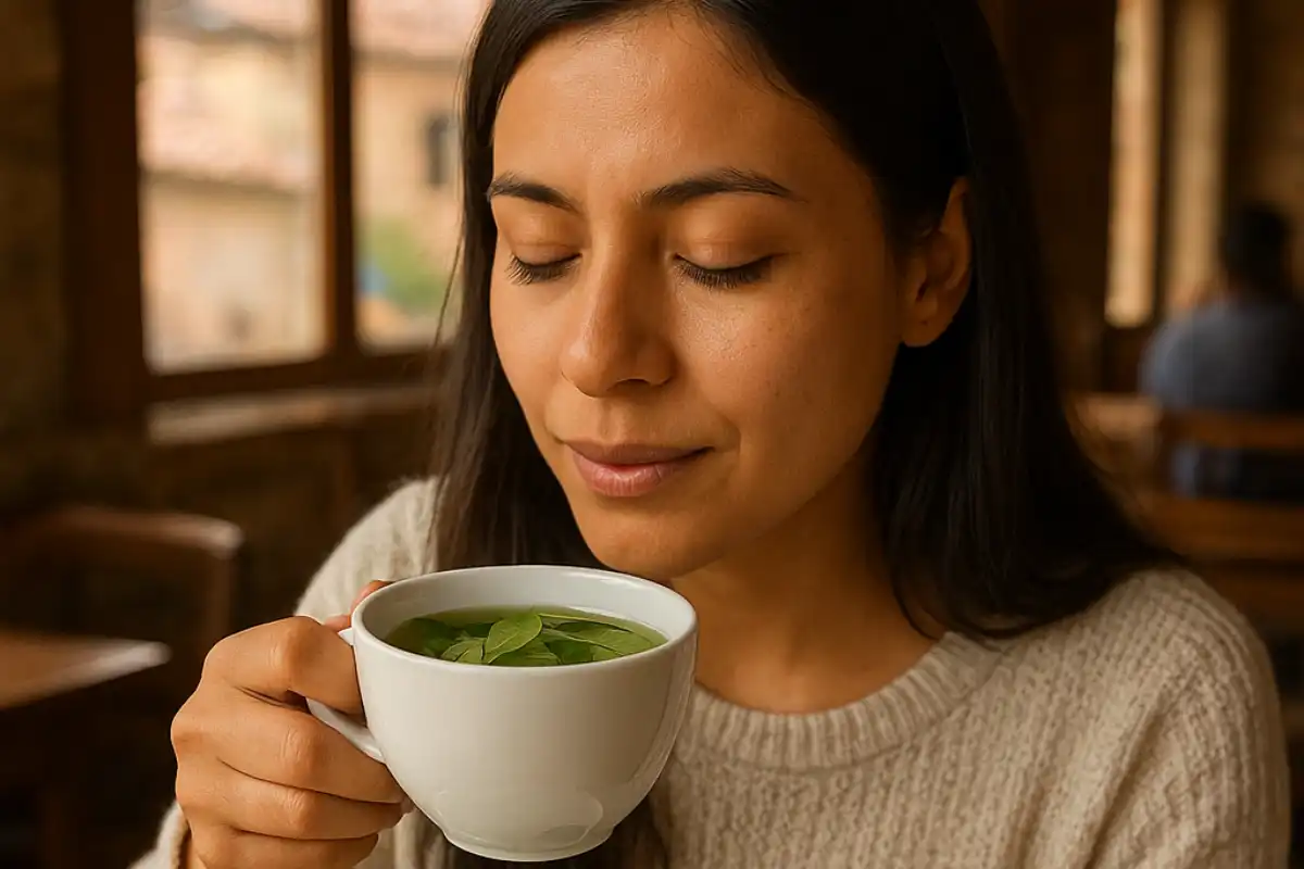 A photo of a cup of coca leaf tea.