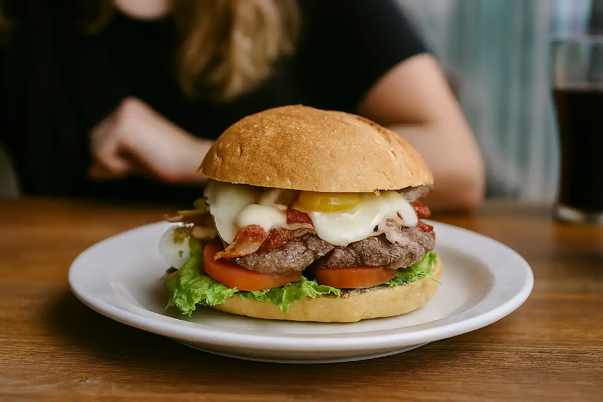 A photo of a fully loaded Uruguayan chivito sandwich.