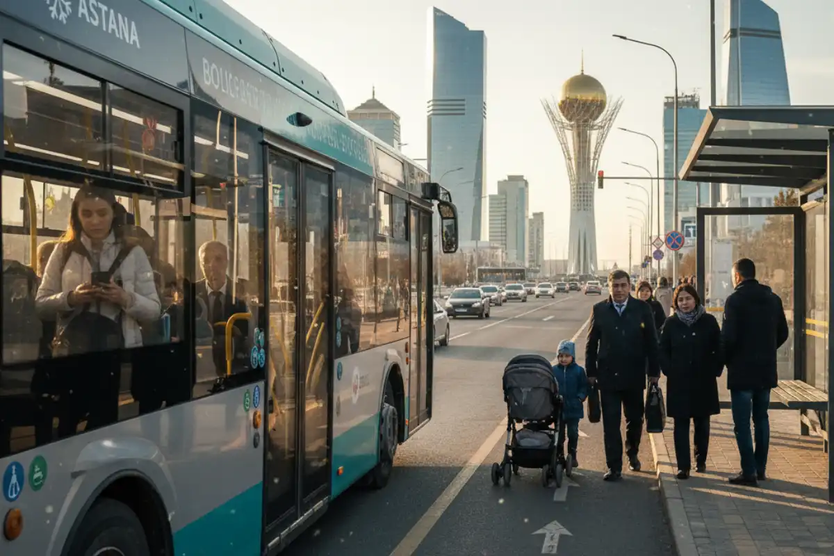 A photo of a modern public bus in Astana.