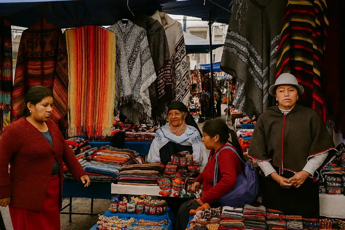A photo of textiles and crafts at the Otavalo Indigenous Market.