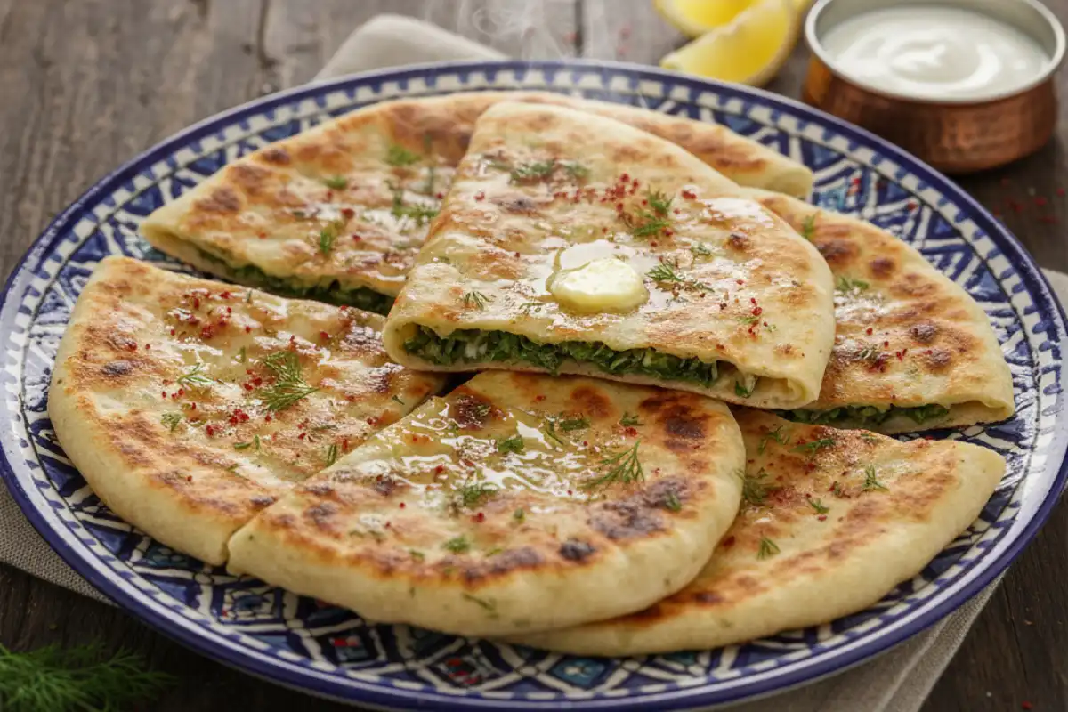 A photo of thin Azerbaijani flatbread Qutab.