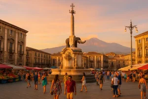 Piazza Duomo in Catania with the Elephant Fountain and a view of Mount Etna in the background.