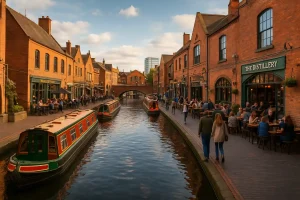 A picturesque view of the canal quarter in Birmingham, with bars and boats along the water.