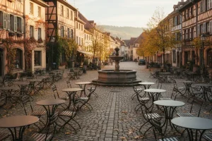 A quiet, picturesque European plaza featuring warm, empty tables and beautiful fall foliage, suggesting tranquility without summer crowds.