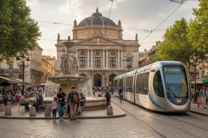 The Place de la Comédie in Montpellier with the famous 'Fountain of the Three Graces' and a stylized tram.