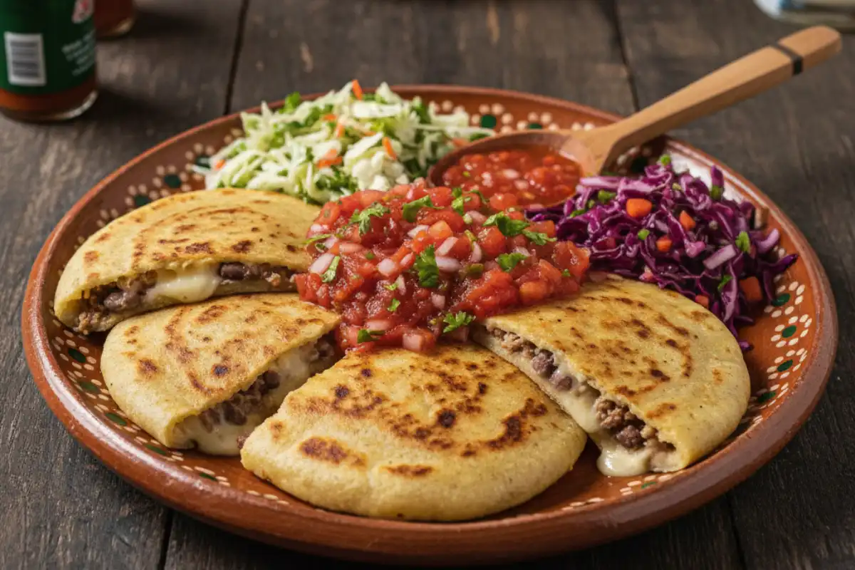 A plate of El Salvadorian pupusas with curtido and salsa.