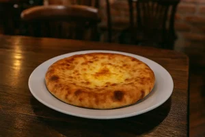 A plate of Imeruli Khachapuri (cheese bread) in a traditional Tbilisi restaurant